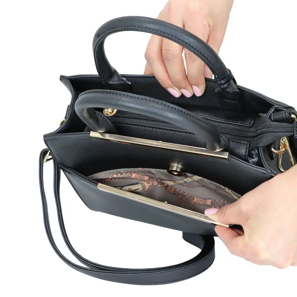 Black Faux Leather Purse Tote Cross Body Shoulder Hand Bag - Picture 5 of 12